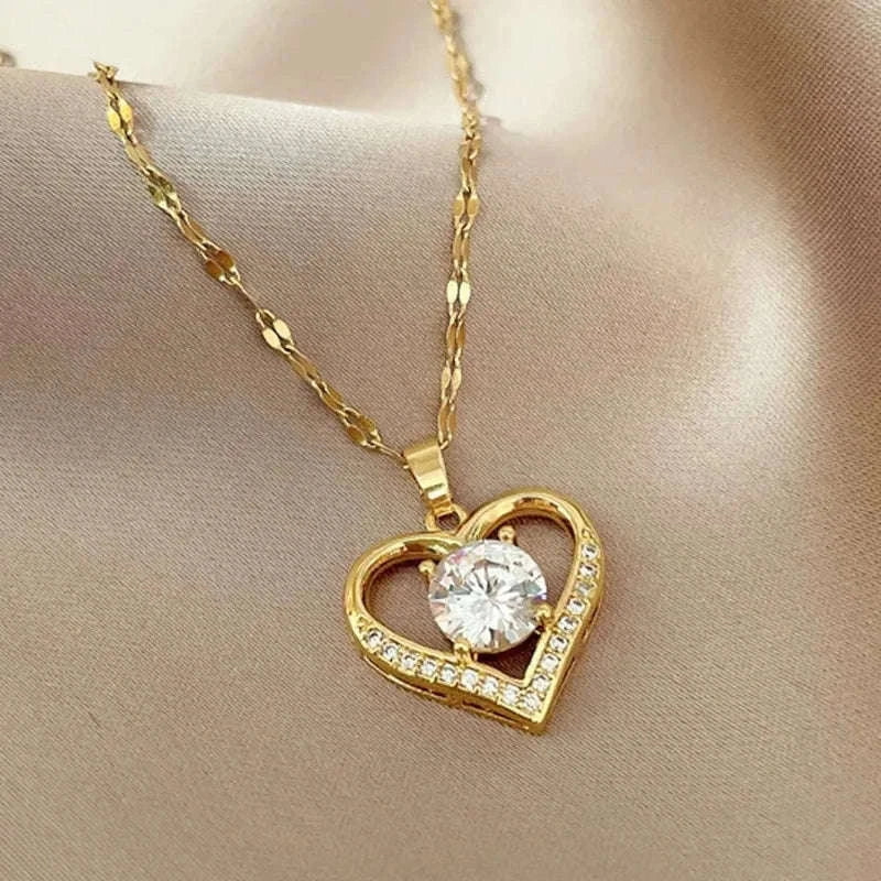 Artificial Gems Golden Heart Pendant Necklace-Steel color