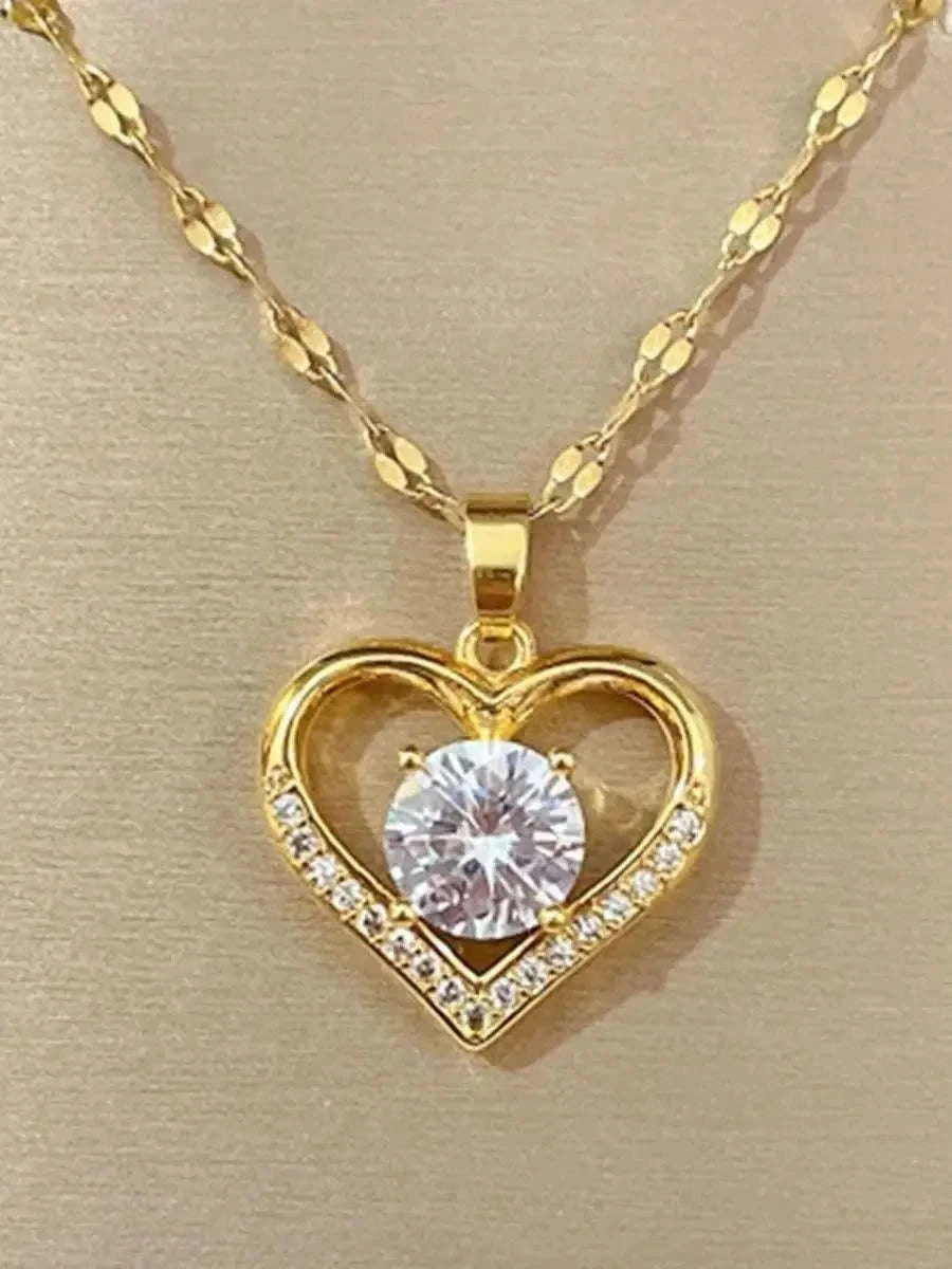 Artificial Gems Golden Heart Pendant Necklace-Steel color