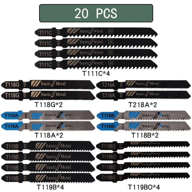 Assorted HCS T-Shank Jigsaw Blades Set for Wood, Plastic, Metal-20 pcs