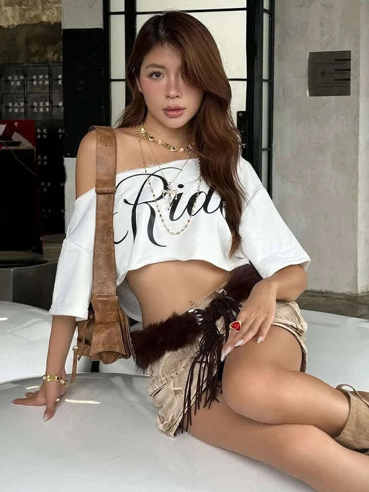 Asymmetrical Letter Print Crop Tee for Women with Skew Collar Fit-Red / S