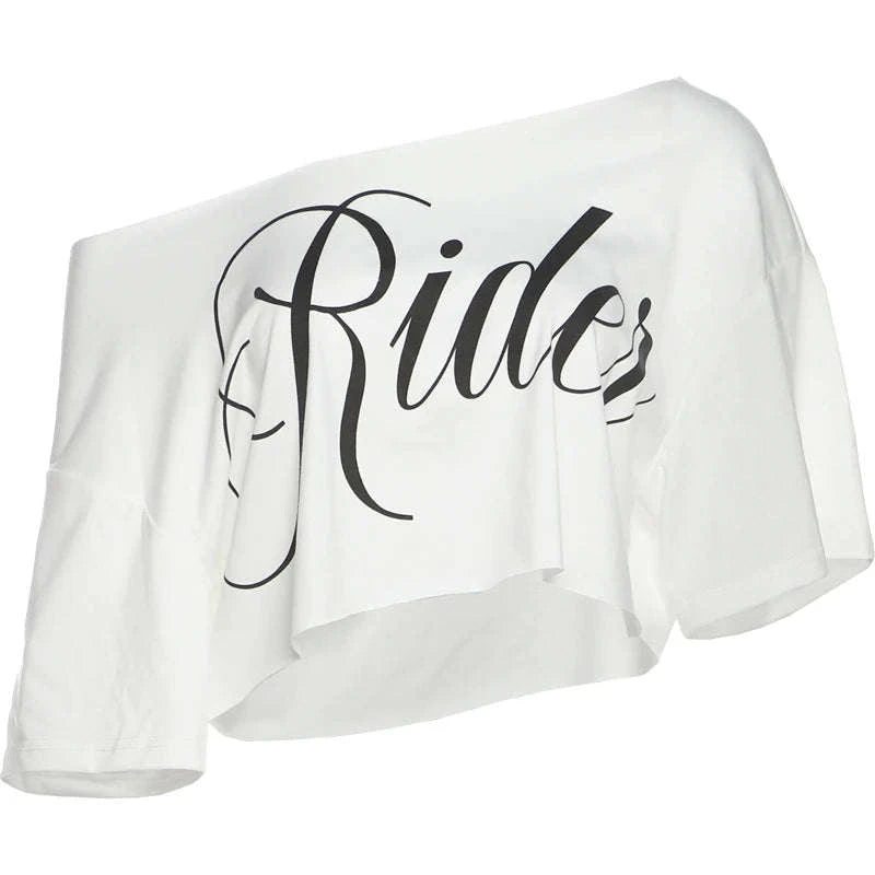 Asymmetrical Letter Print Crop Tee for Women with Skew Collar Fit-Red / S