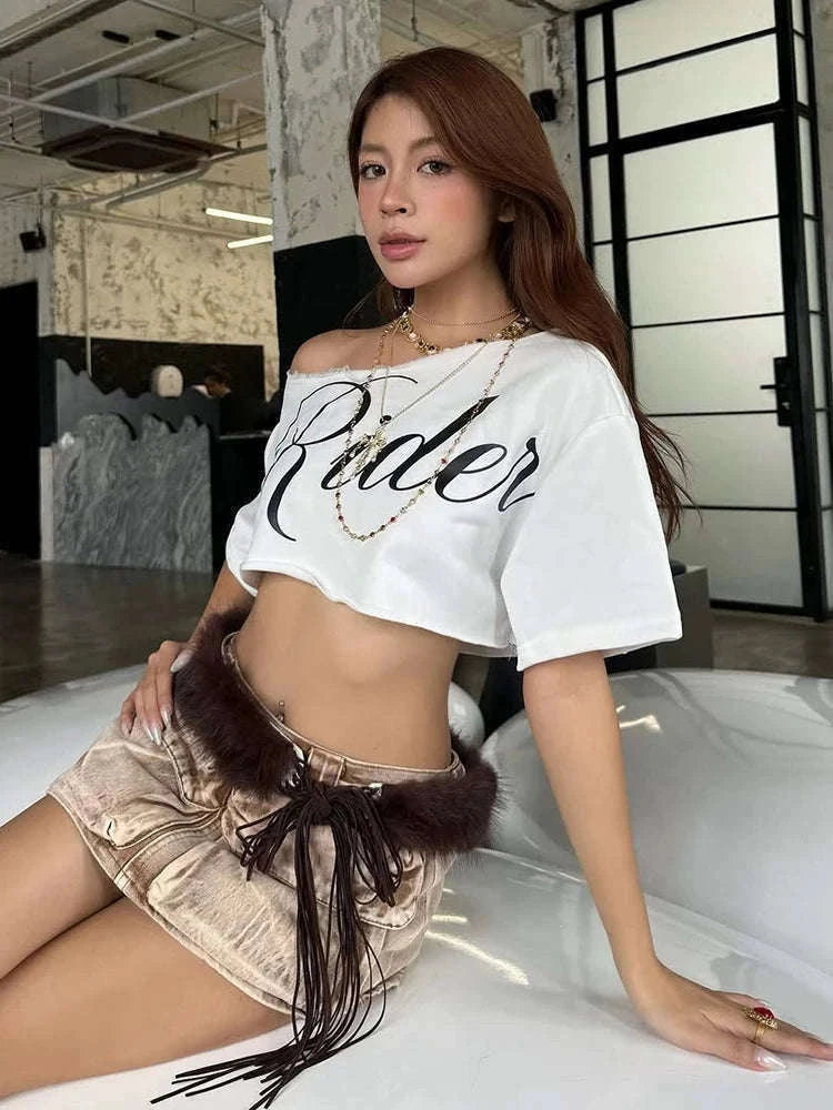 Asymmetrical Letter Print Crop Tee for Women with Skew Collar Fit-Red / S