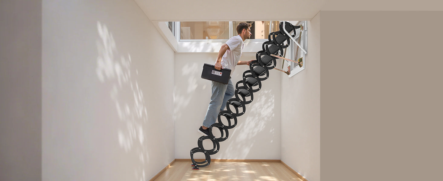Wall-Mounted Steel Attic Ladder 660 lbs Capacity for 9.5 to 10 ft Ceilings