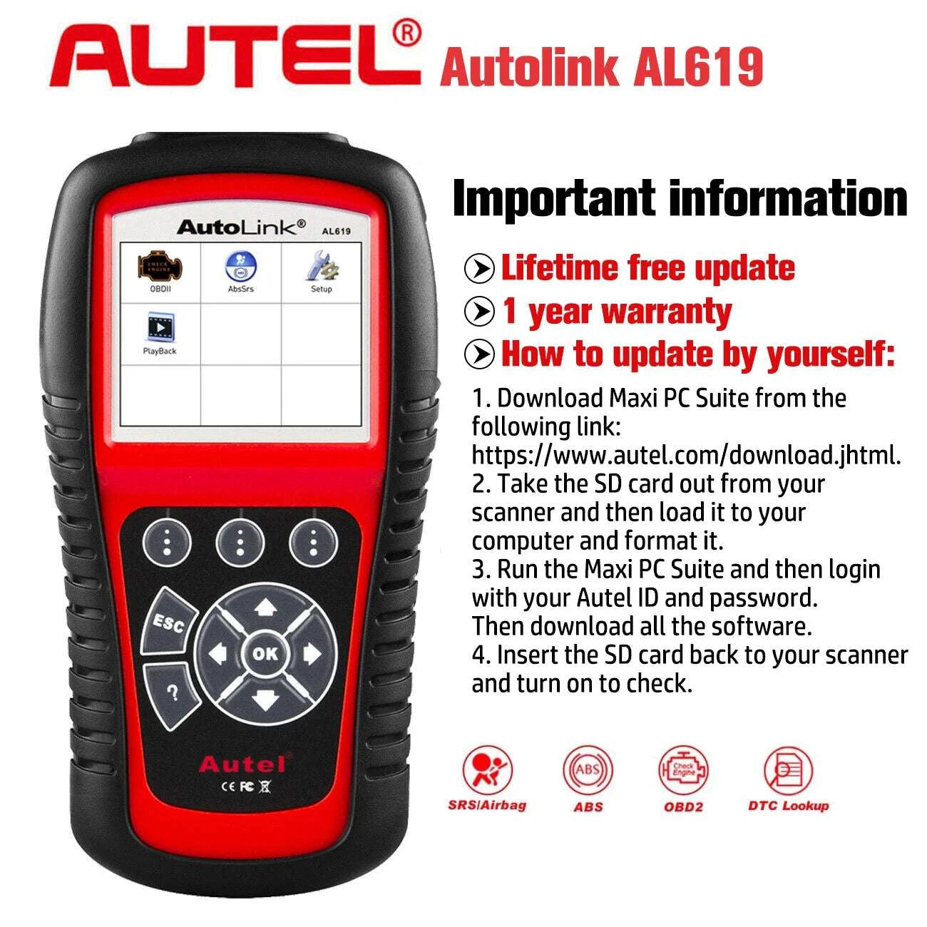 Autel AL619 OBD2 Scanner ABS SRS Car Diagnostic Code Reader-AL619 / Polish / UNITED KINGDOM