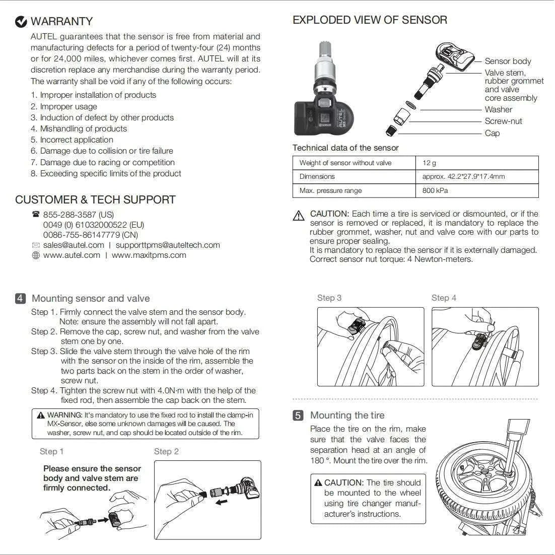Autel MX-Sensor 2-in-1 TPMS 315MHz & 433MHz Press-In Replacement-4pcs Sensors / United States