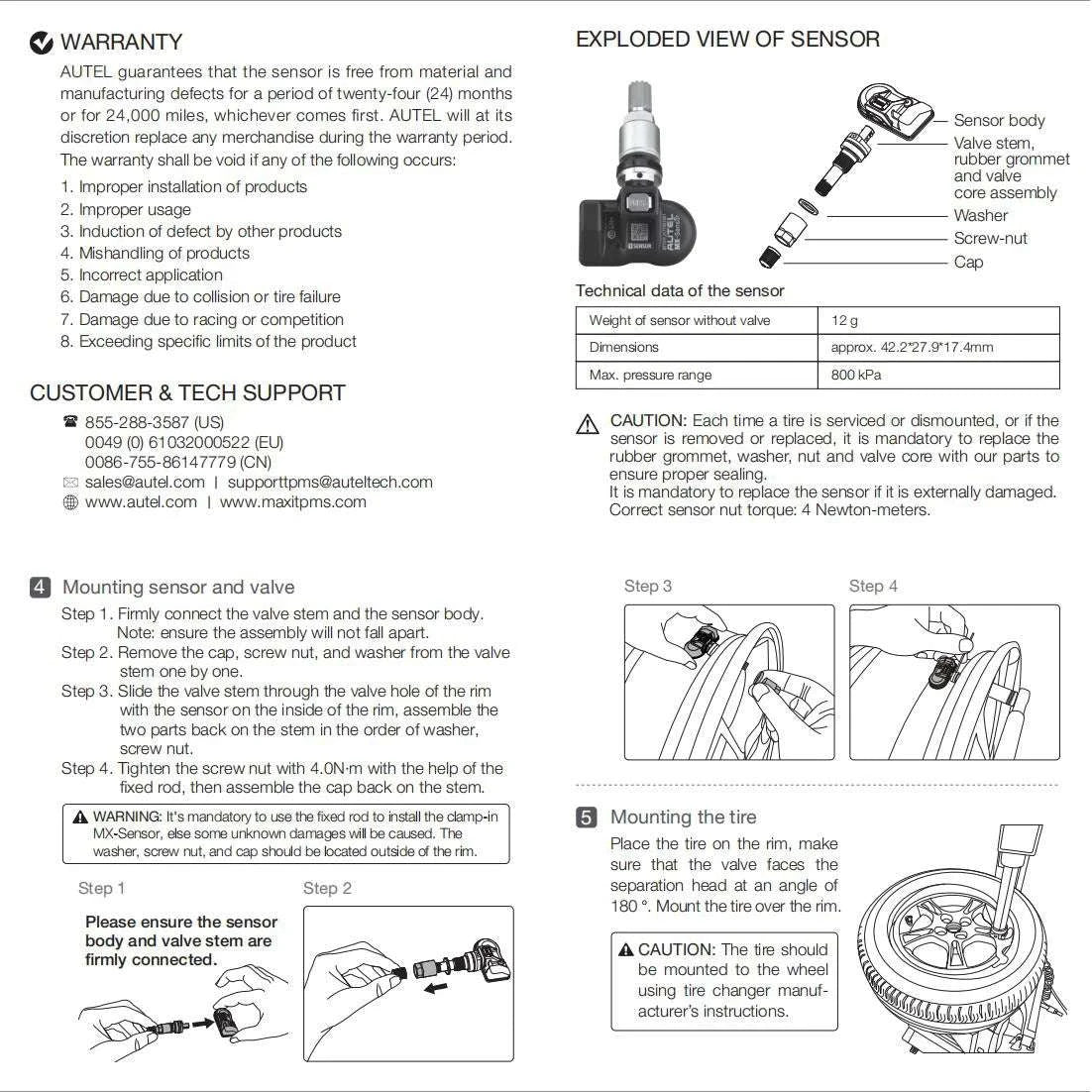 Autel MX-Sensor 2-in-1 TPMS 315MHz & 433MHz Press-In Replacement-4pcs Sensors / United States