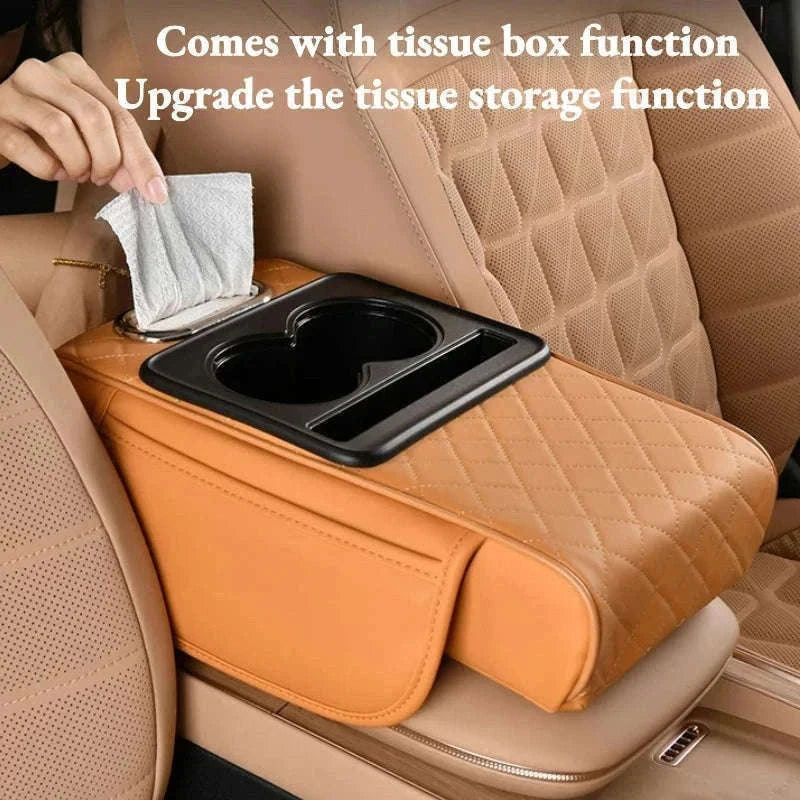 Auto Center Console Armrest Cushion with Dual Cup Holders-Brown