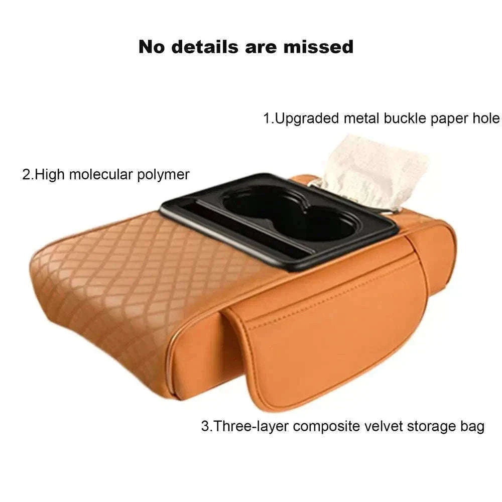 Auto Center Console Armrest Cushion with Dual Cup Holders-Brown
