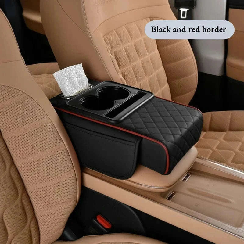 Auto Center Console Armrest Cushion with Dual Cup Holders-Brown