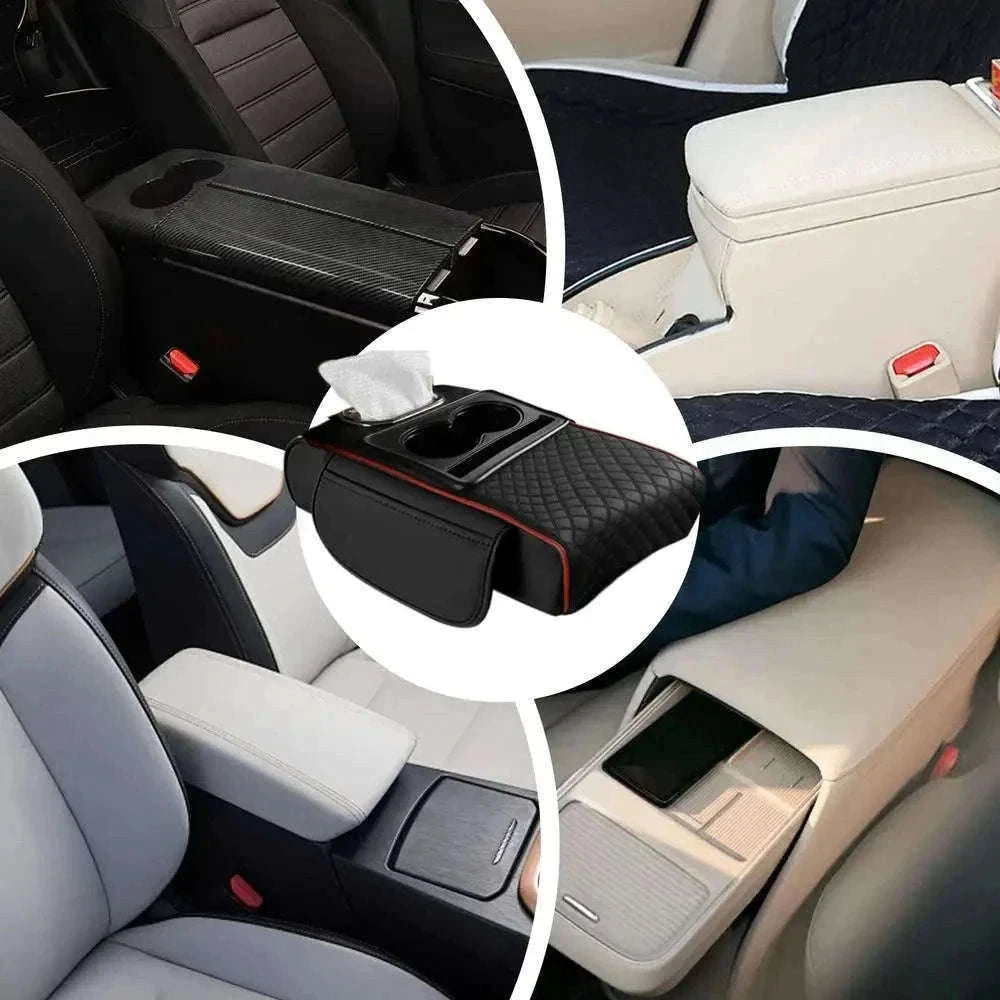 Auto Center Console Armrest Cushion with Dual Cup Holders-Brown