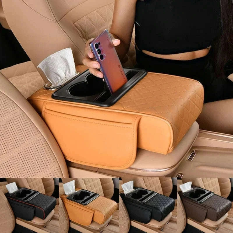 Auto Center Console Armrest Cushion with Dual Cup Holders-Brown