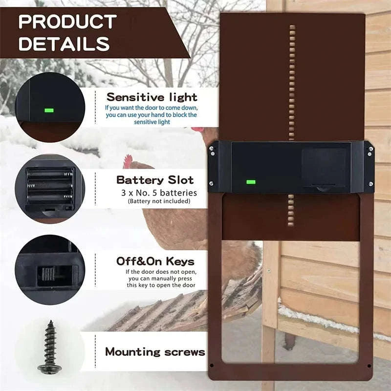 Automatic Chicken Coop Door with Light Sensor Control-Brown