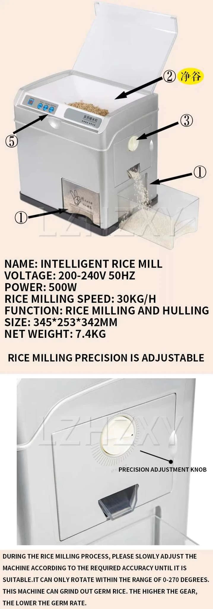 Automatic Electric Rice Mill Machine 500W Household Rice Husker-WHITE