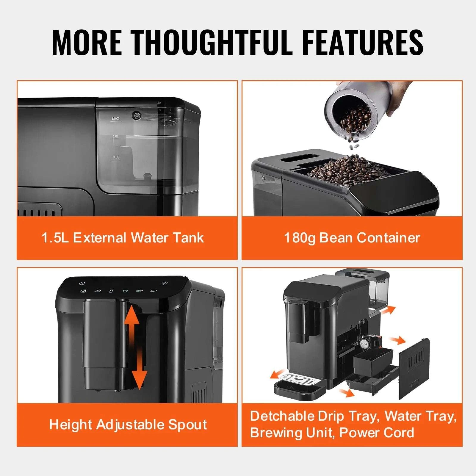 Automatic Espresso Machine with Grinder 15-Bar Coffee Maker 1.5L-
