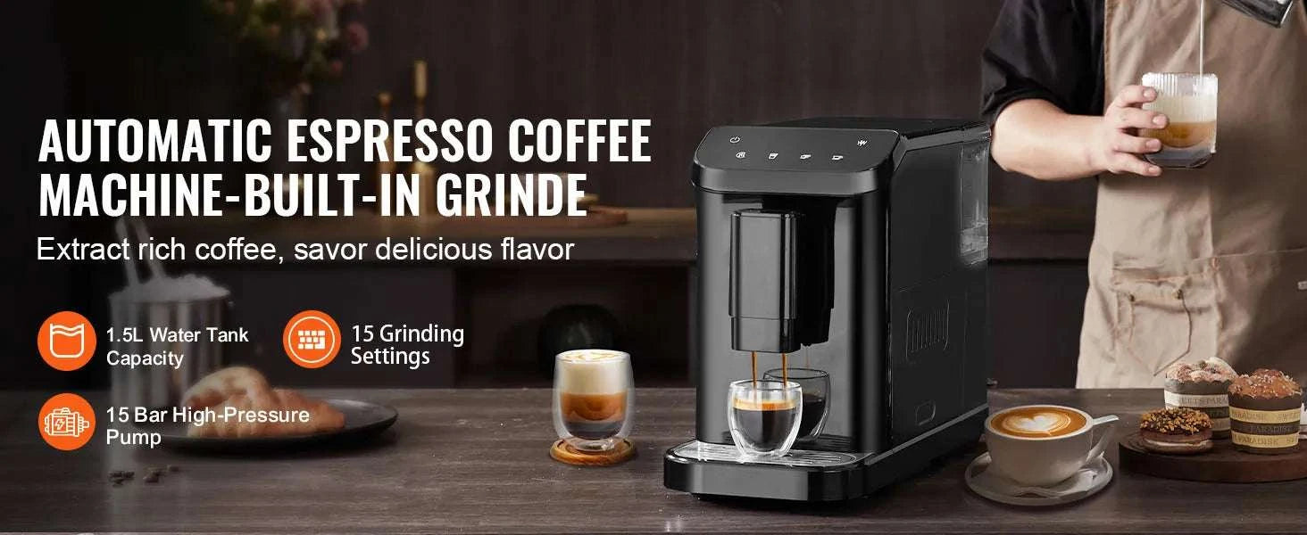 Automatic Espresso Machine with Grinder 15-Bar Coffee Maker 1.5L-
