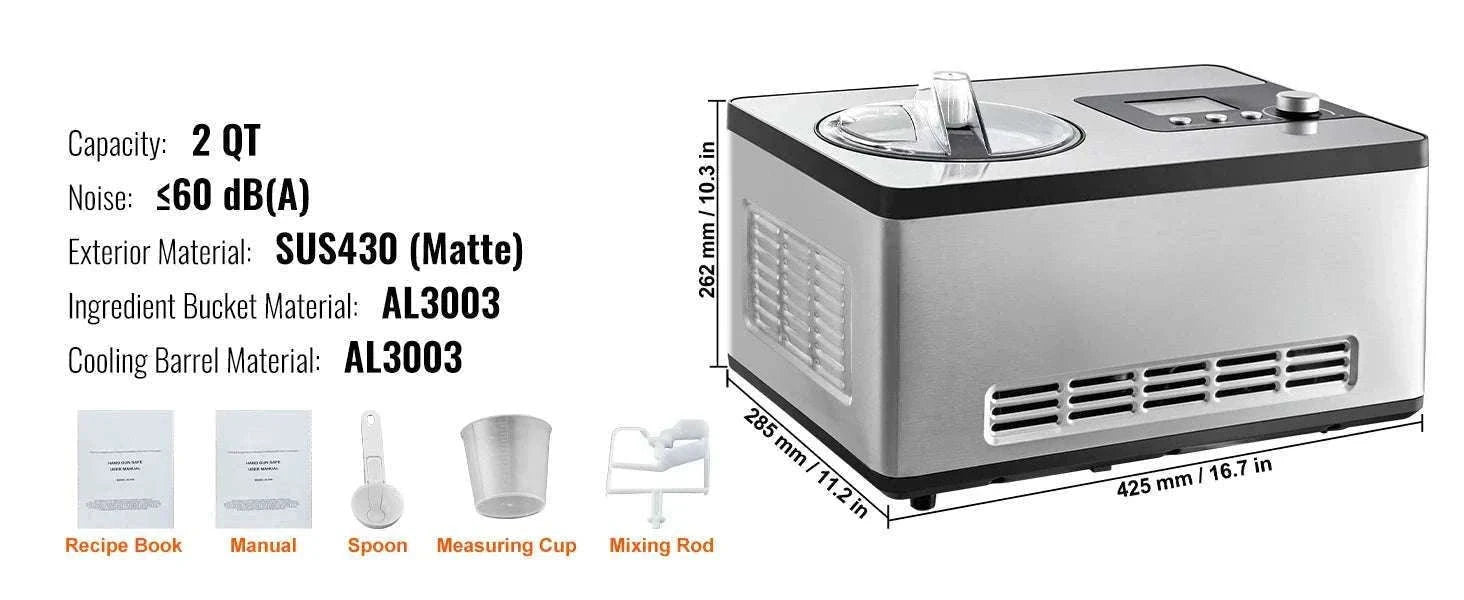 Automatic Ice Cream Maker 2Qt with Compressor No Pre-Freezing-spain