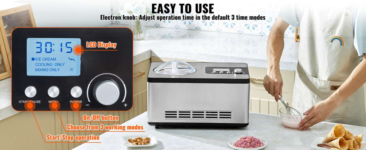 Automatic Ice Cream Maker 2Qt with Compressor No Pre-Freezing-spain
