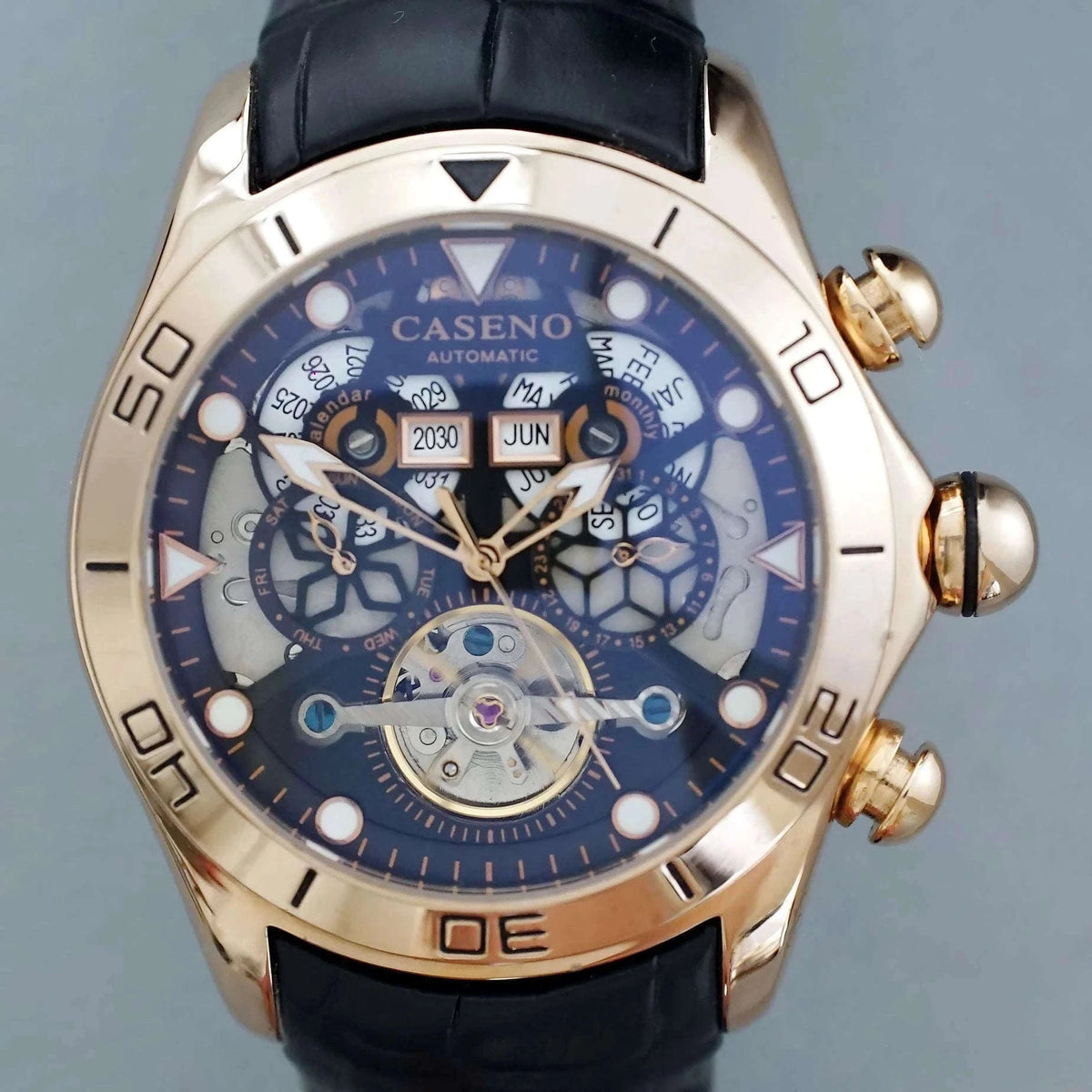 Automatic Skeleton Tourbillon Mechanical Watch with Leather Strap-Black Black Black
