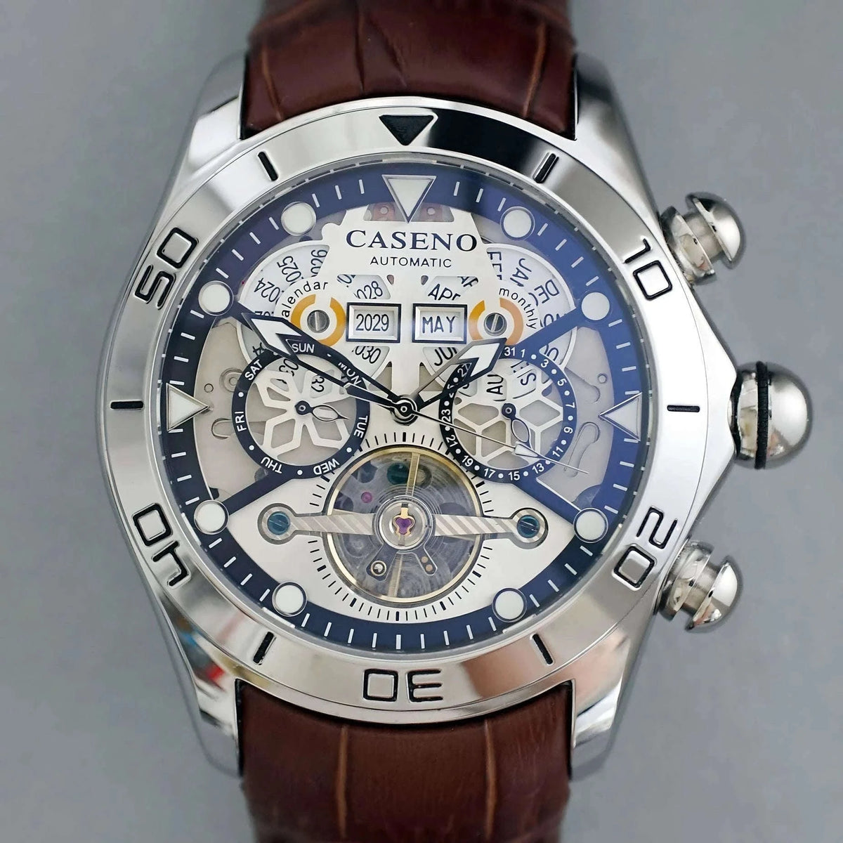 Automatic Skeleton Tourbillon Mechanical Watch with Leather Strap-Black Black Black