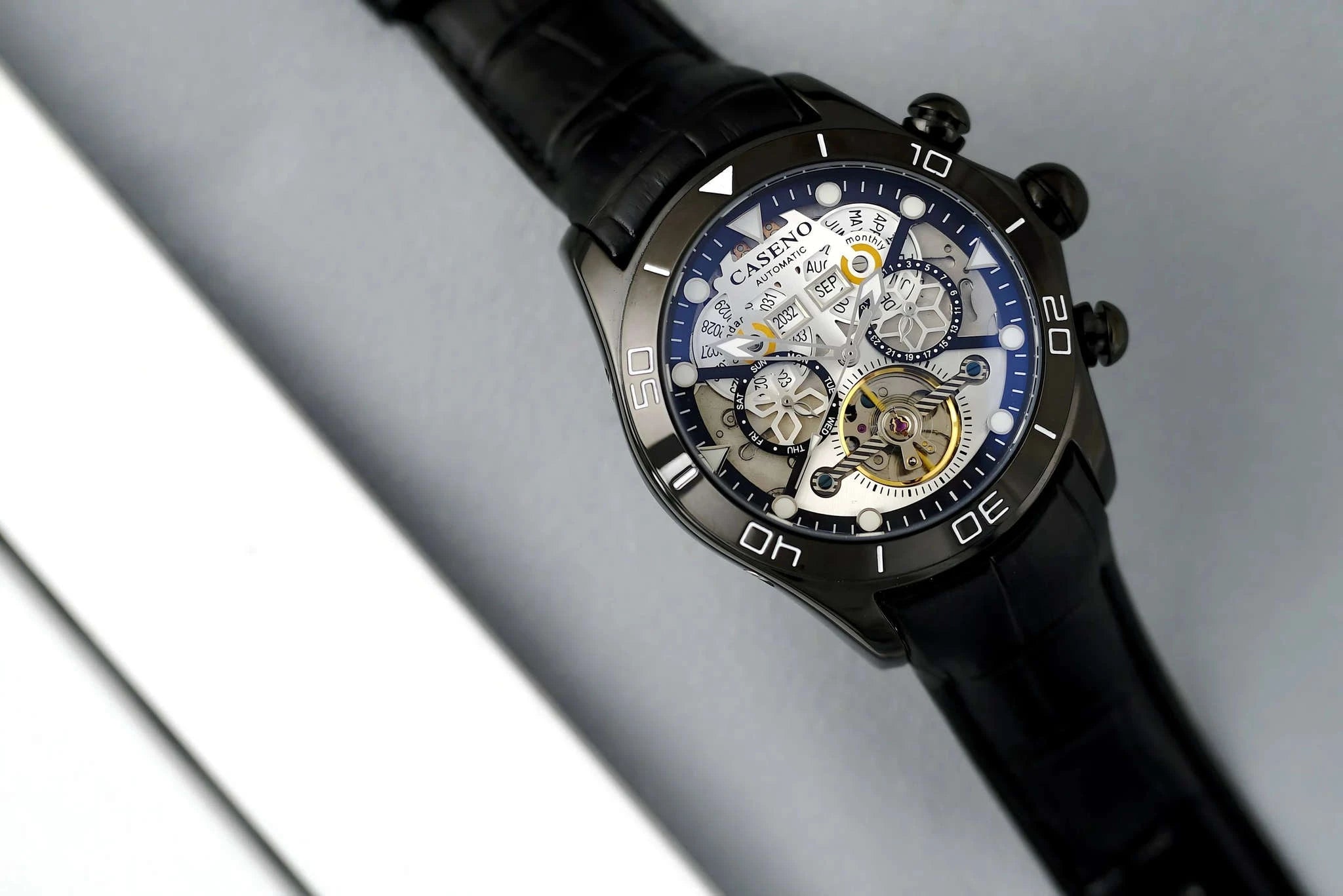 Automatic Skeleton Tourbillon Mechanical Watch with Leather Strap-Black Black Black