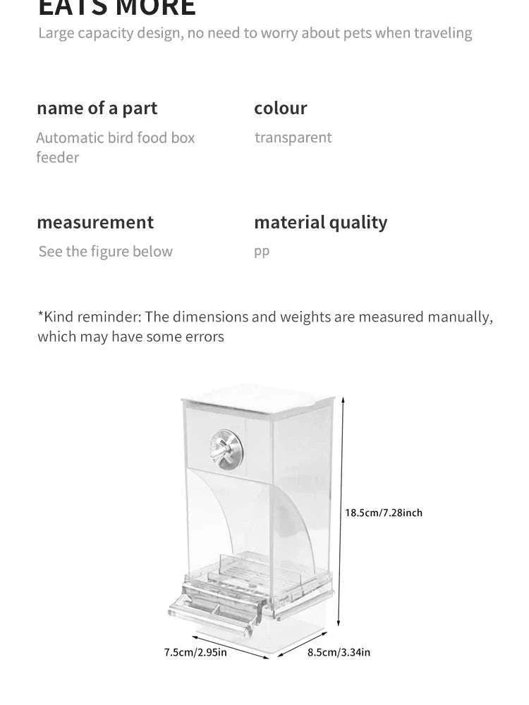 Automatic Spill-Proof Parrot Bird Feeder with Clear Acrylic-White