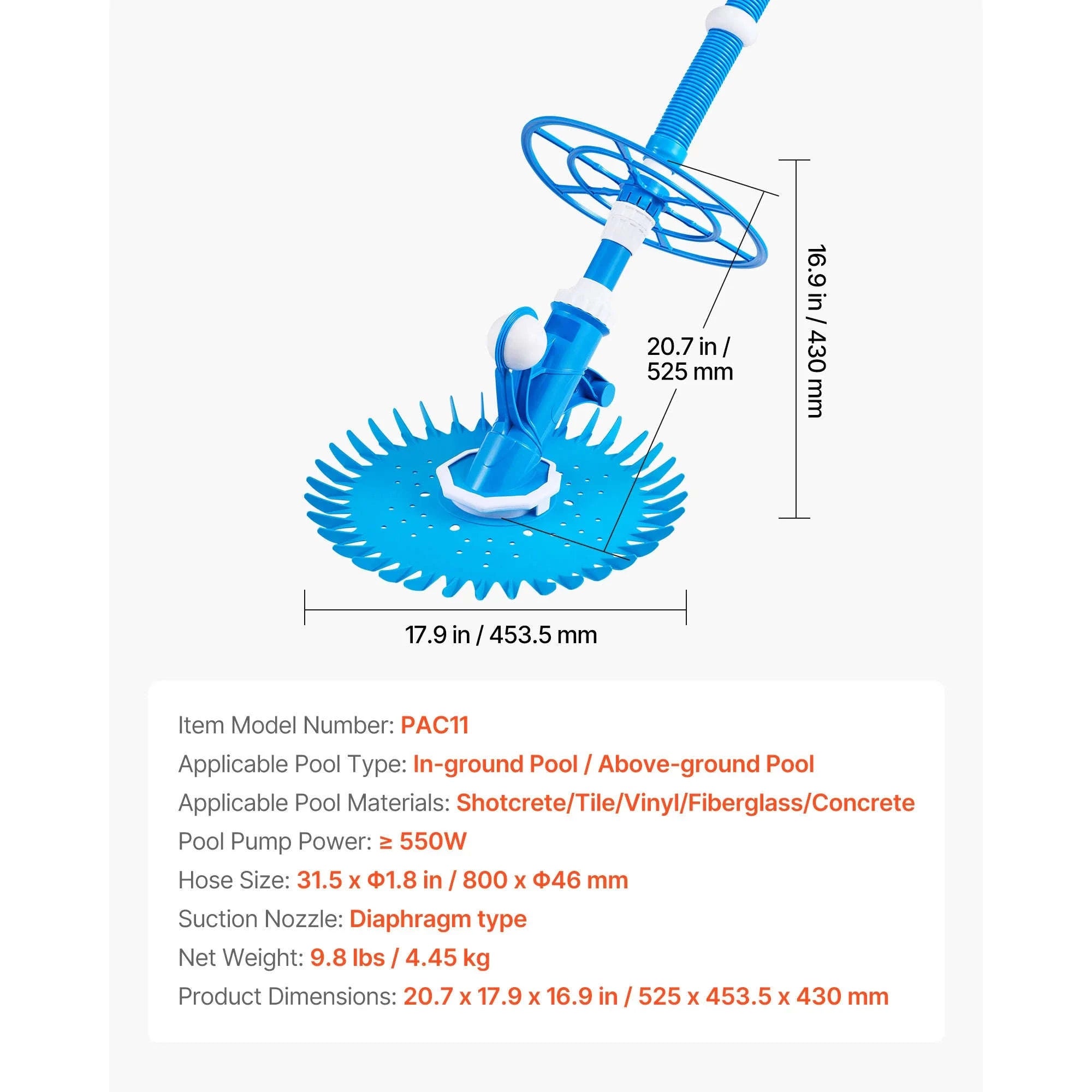 Automatic Suction Pool Cleaner with 12 Hoses for Pools Up to 20 x 35 ft-33ft / United States
