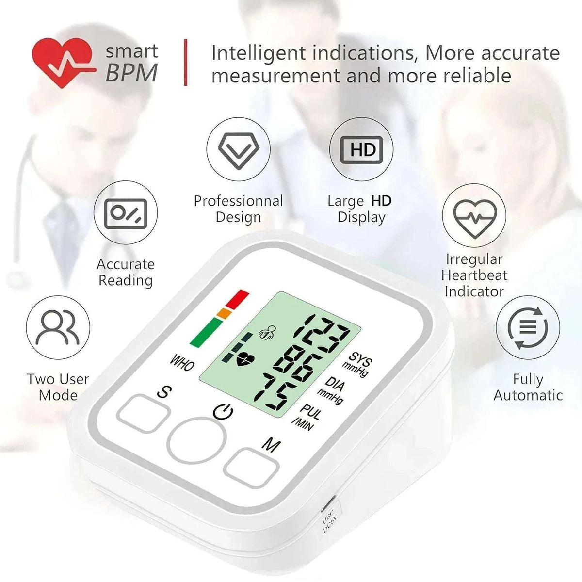 Automatic Upper Arm Blood Pressure Monitor Kit for Home Use-White