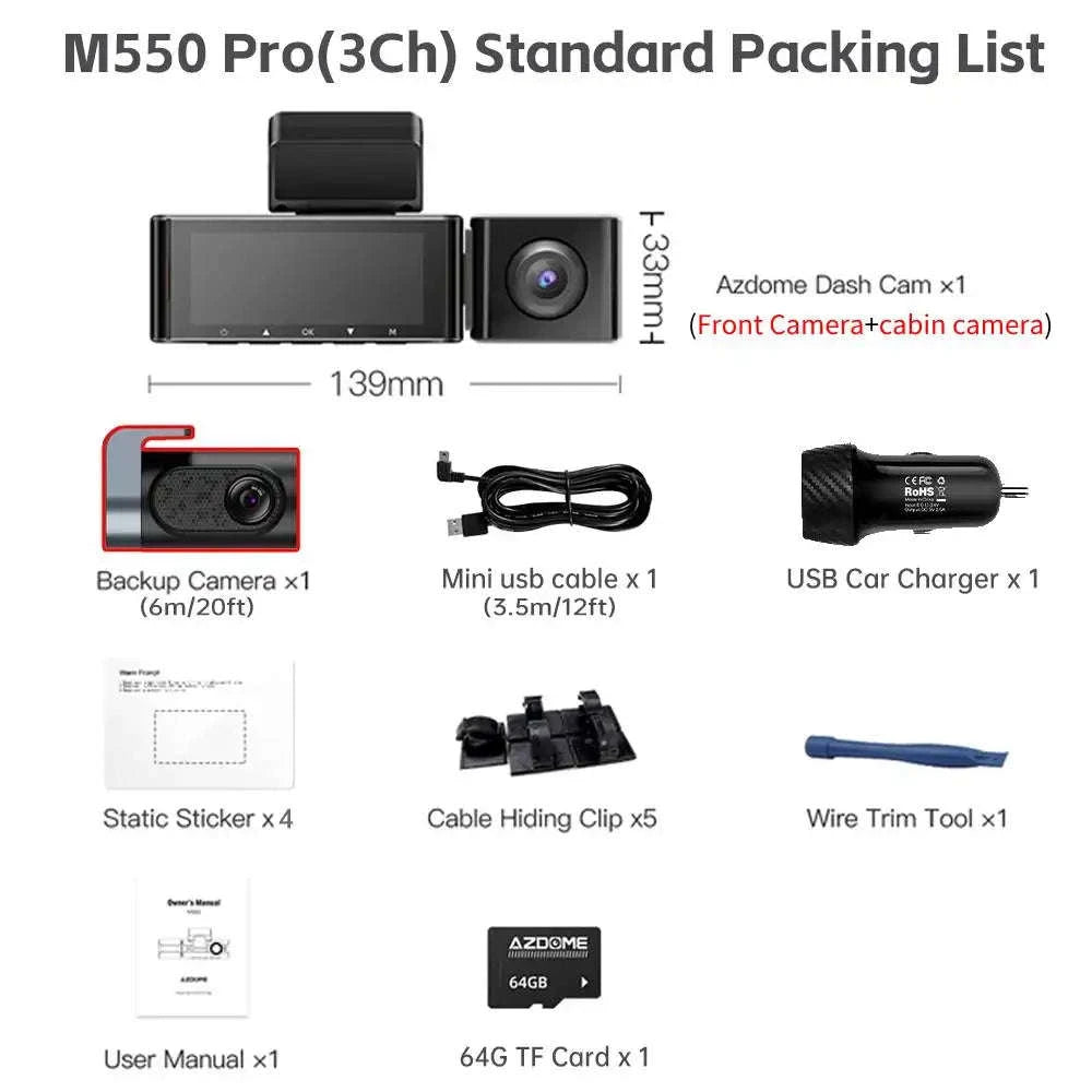 AZDOME M550 Pro 3‑Channel Dash Cam-M550 Pro (3CH) / Free 64G TF