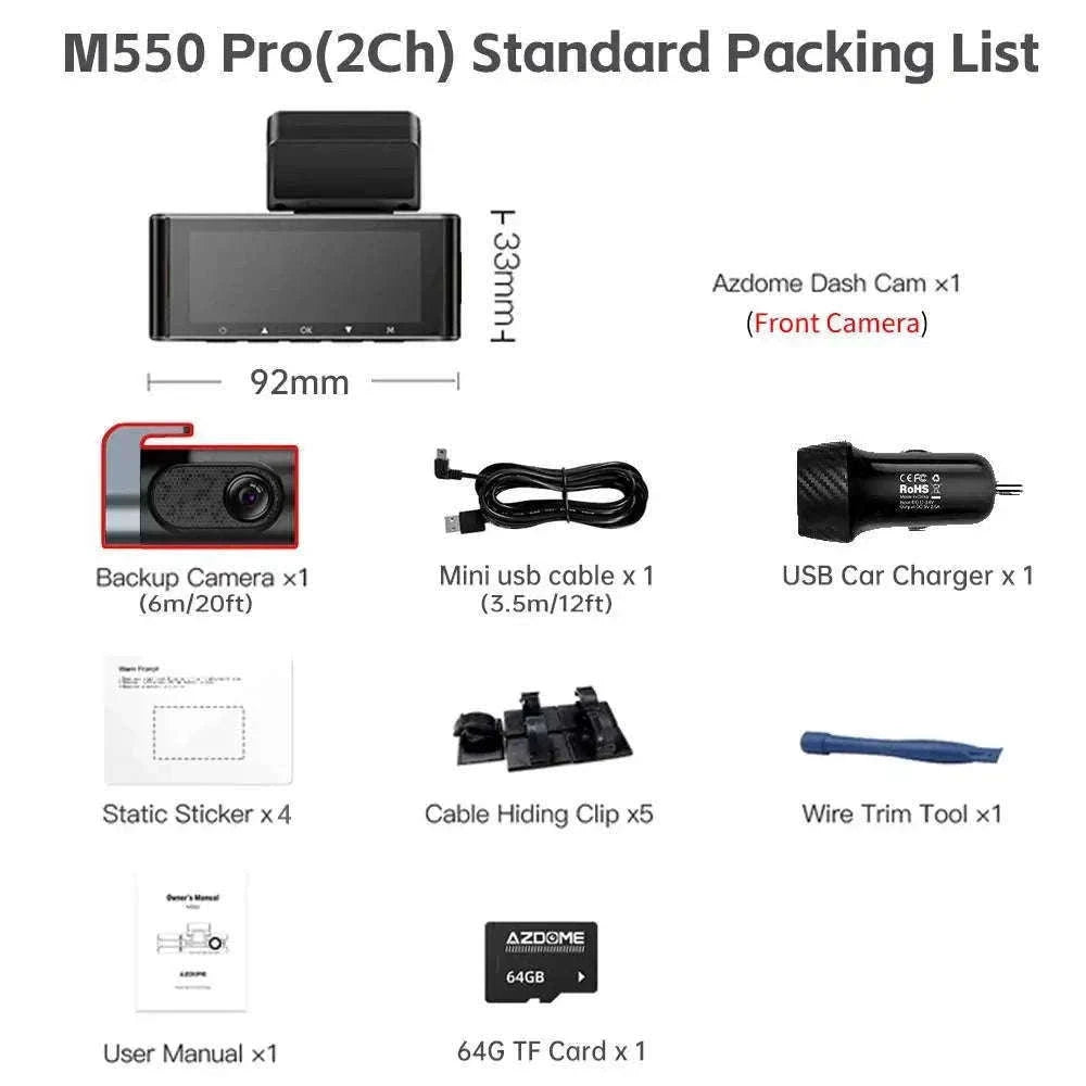 AZDOME M550 Pro 3-Channel Dash Cam with GPS & WiFi-M550 Pro (3CH) / Free 64G TF