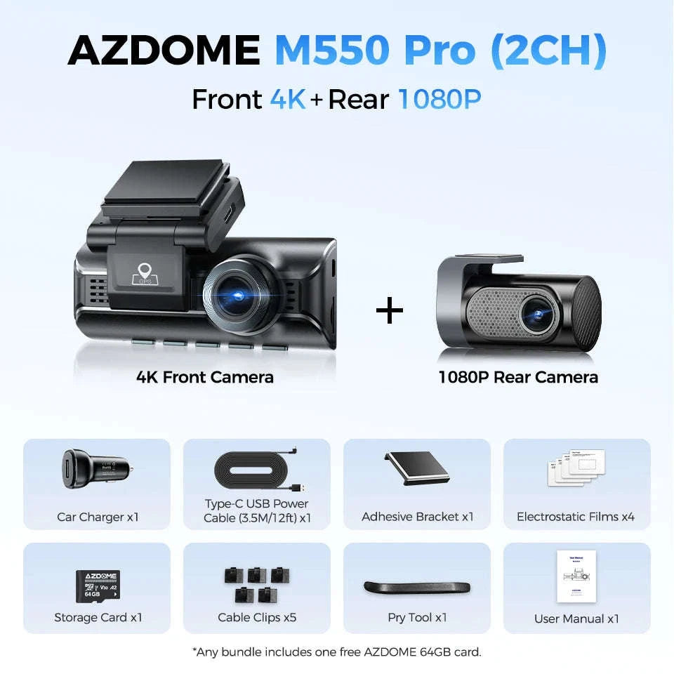 AZDOME M550 Pro Dash Cam 3‑Channel with GPS & WiFi-M550 Pro (3CH) / Free 64G TF