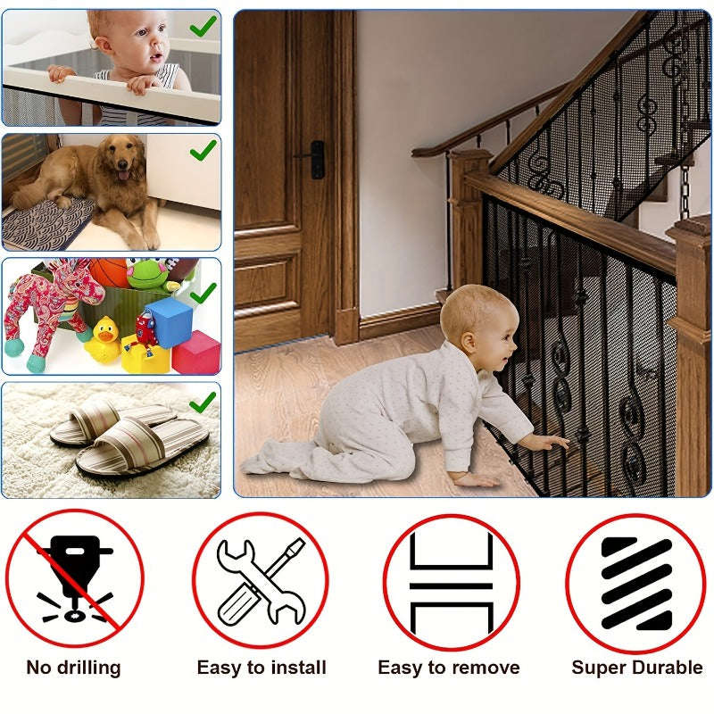 Baby Gate for Stairs Mesh Safety Net for Kids and Pets-Black