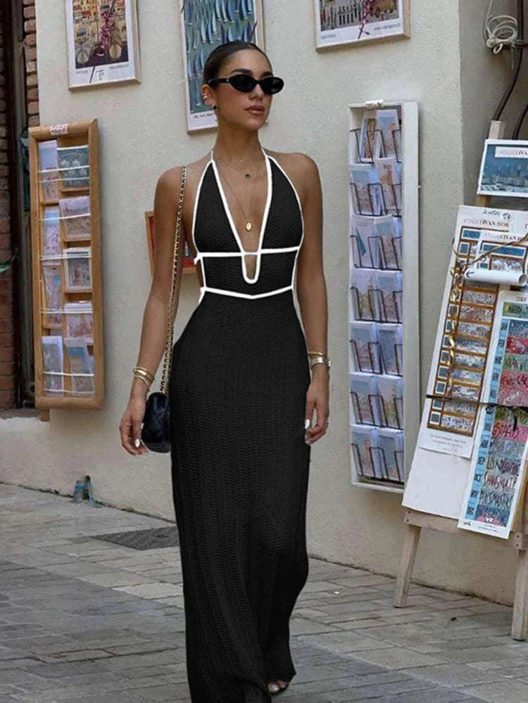 Backless Halter Lace-Up Maxi Dress – Slim Fit Summer Club Style-WHITE / L