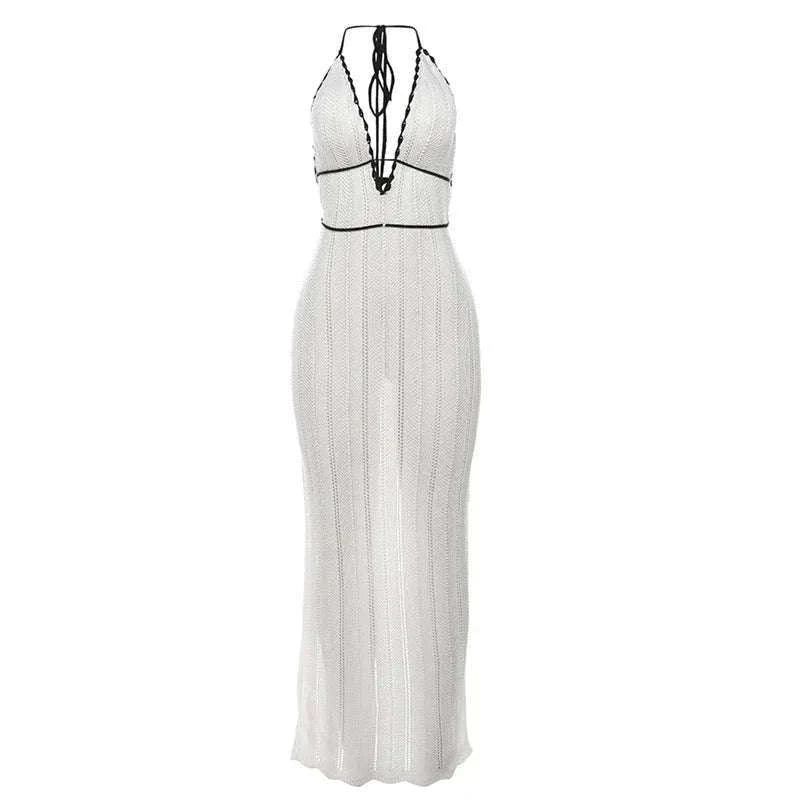 Backless Halter Lace-Up Maxi Dress – Slim Fit Summer Club Style-WHITE / L