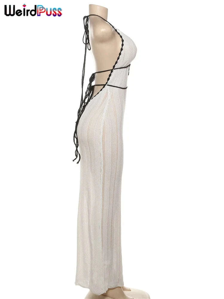 Backless Halter Lace-Up Maxi Dress – Slim Fit Summer Club Style-WHITE / L