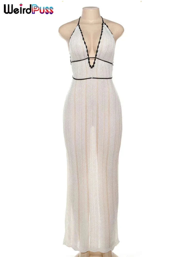 Backless Halter Lace-Up Maxi Dress – Slim Fit Summer Club Style-WHITE / L