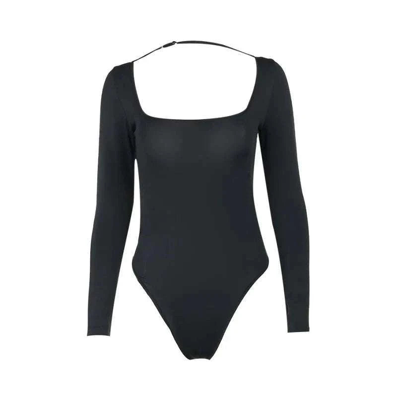 Backless Long Sleeve Bodysuit Slim Fit Square Neck Club Top-
