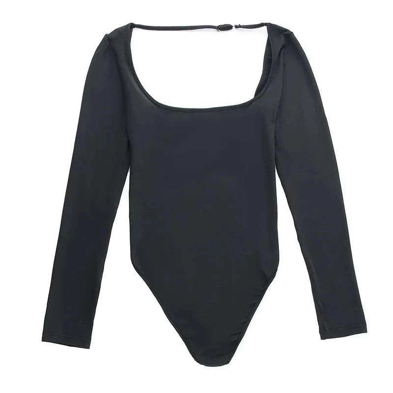 Backless Long Sleeve Bodysuit Slim Fit Square Neck Club Top-