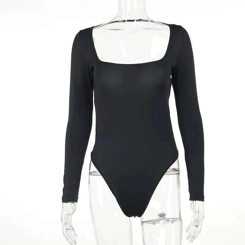 Backless Long Sleeve Bodysuit Slim Fit Square Neck Club Top-