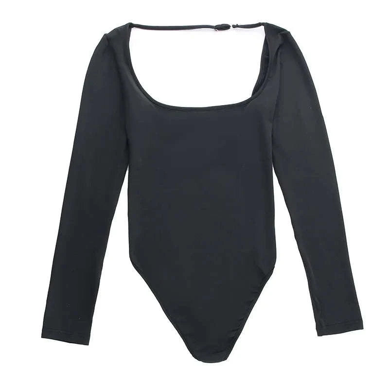 Backless Long Sleeve Bodysuit Slim Fit Square Neck Club Top-Black Bodysuit / L