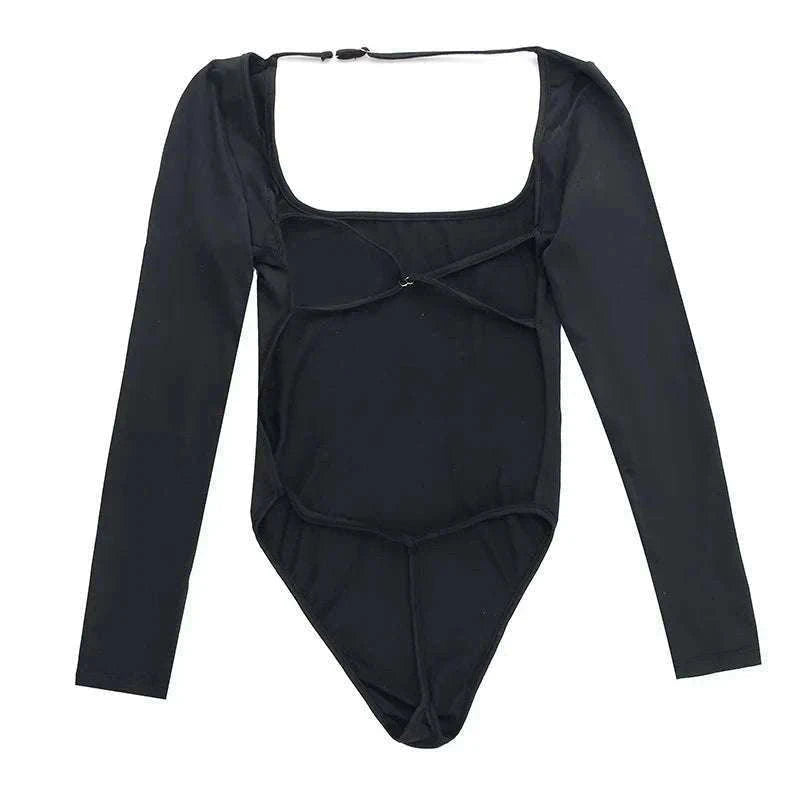 Backless Long Sleeve Bodysuit Slim Fit Square Neck Club Top-Black Bodysuit / M