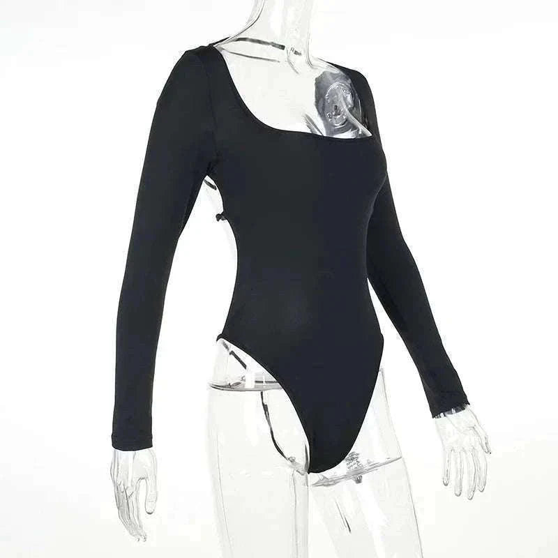 Backless Long Sleeve Bodysuit Slim Fit Square Neck Club Top-Black Bodysuit / M