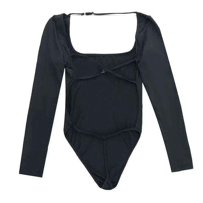 Backless Long Sleeve Bodysuit Slim Fit Square Neck Club Top-Black Bodysuit / M