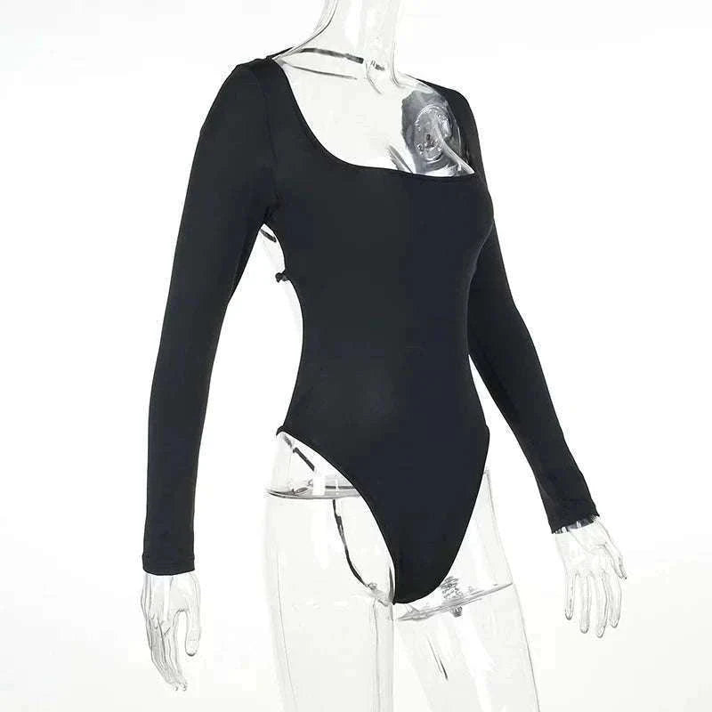 Backless Long Sleeve Bodysuit Slim Fit Square Neck Club Top-Black Bodysuit / M