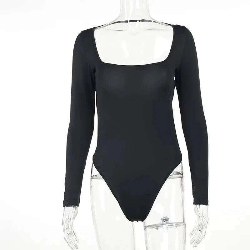 Backless Long Sleeve Bodysuit Slim Fit Square Neck Club Top-Black Bodysuit / M