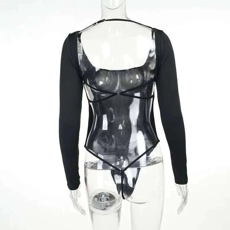 Backless Long Sleeve Bodysuit Slim Fit Square Neck Club Top-Black Bodysuit / M