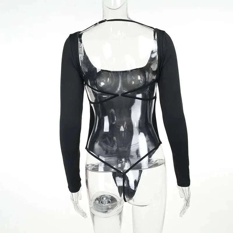 Backless Long Sleeve Bodysuit Slim Fit Square Neck Club Top-Black Bodysuit / M