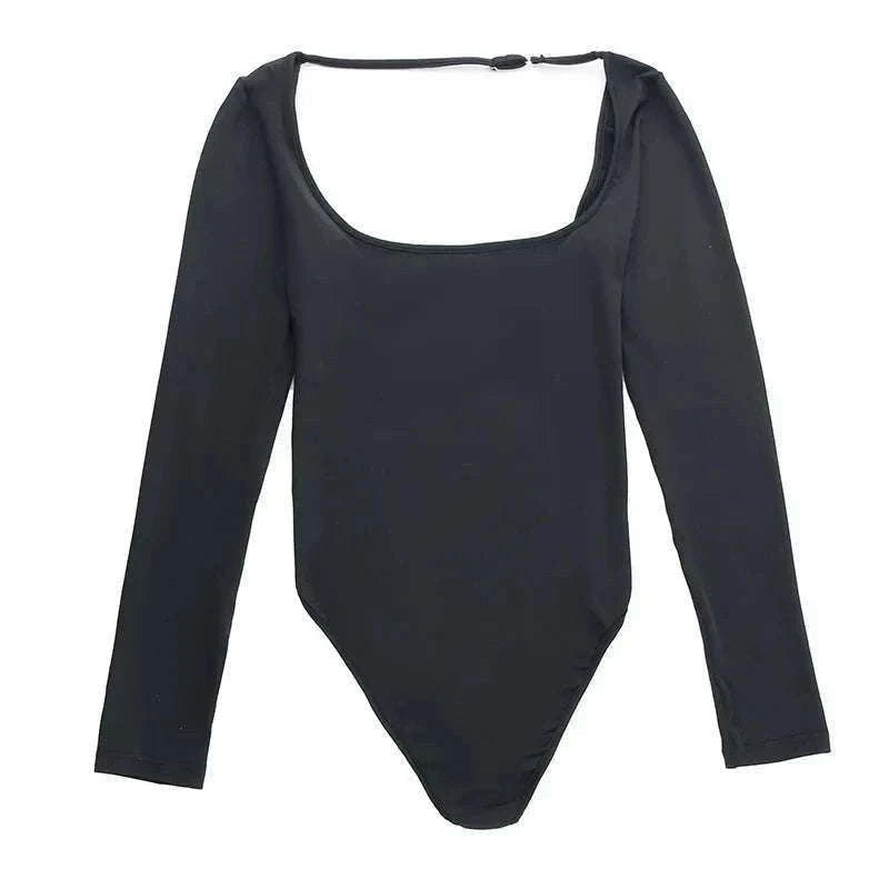 Backless Long Sleeve Bodysuit Slim Fit Square Neck Club Top-Black Bodysuit / M