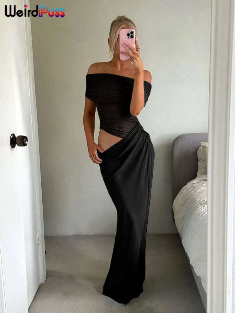Backless Short Sleeve Floor-Length Dress-Claret / L / CHINA