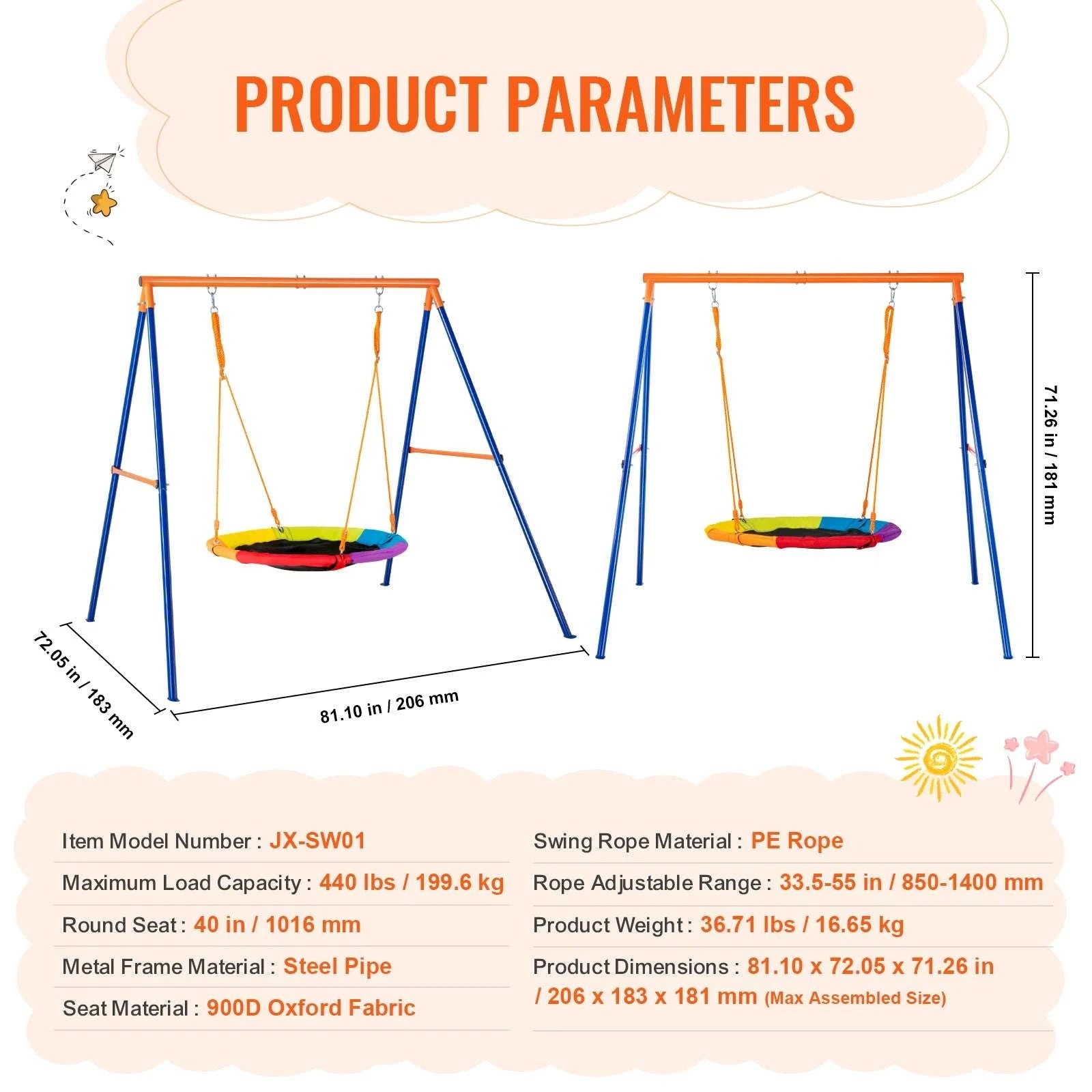 Backyard Swing Set with Saucer & Belt Seats, 600lb Capacity-Fabric 1 person / france