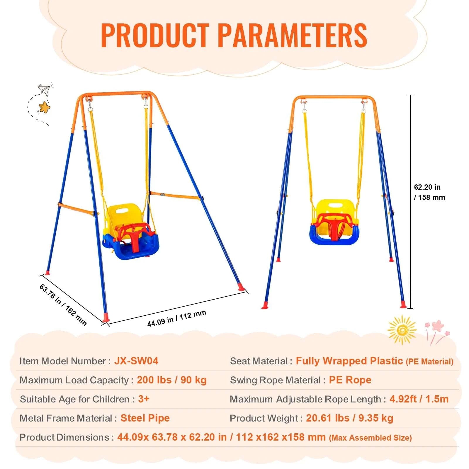 Backyard Swing Set with Saucer & Belt Seats, 600lb Capacity-Fabric 1 person / france
